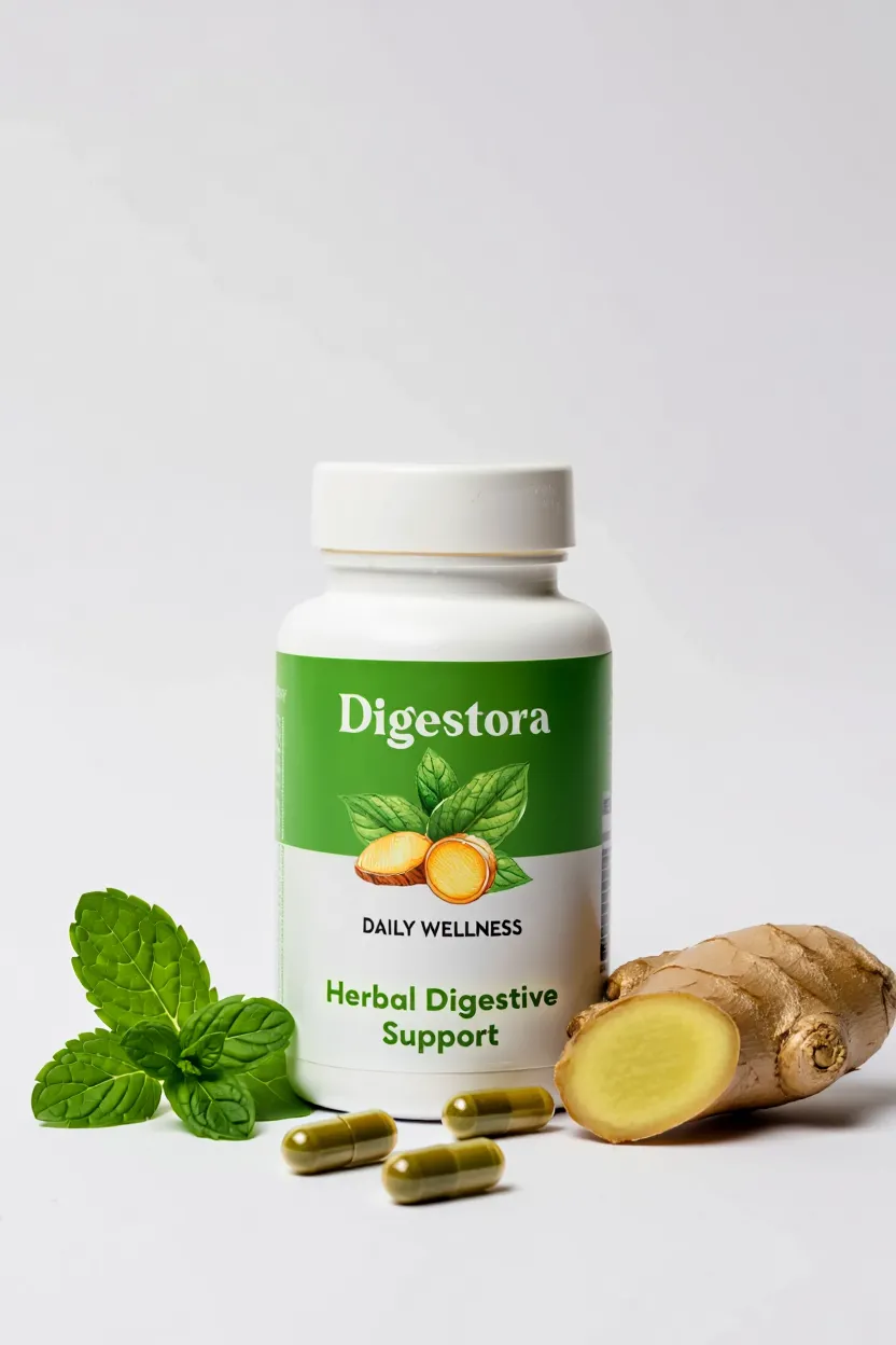 Digestora natural supplement bottle with herbal ingredients for daily wellness